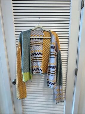 Free People Multicolor Patchwork Open Cardigan - Yellow, Gray, Green
